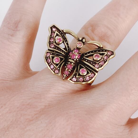 Signed Heidi Daus Pink Swarovski Crystal Butterfly Gold Tone Ring Size 6.75 VTG - Picture 2 of 12